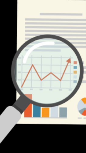 bar line graph with magnifying lens