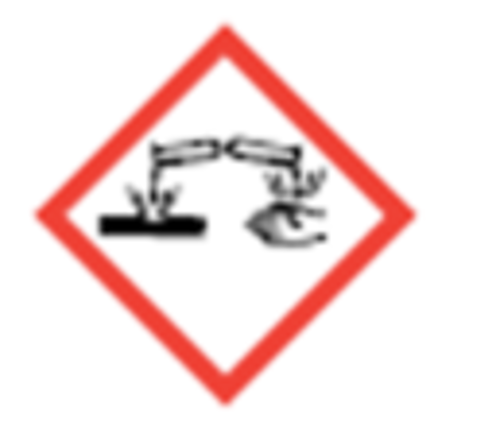 Red bordered diamond with black and white image of liquid pouring on a hand and on metal bar causing a burn or reaction.