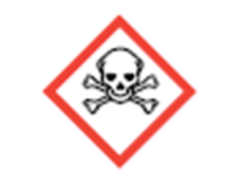 Red bordered diamond with a black and white image of a skull and cross bones.