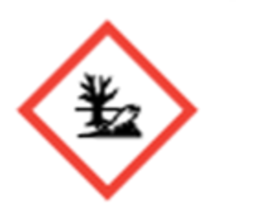 Red bordered diamond with a black and white image of a tree and a tidal wave. 