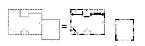 Top down image of a floor plan repeated three times. The plan shows two rooms, one rectangular and long and the other small and square that are connected with doors. The second iteration of the shows the plan with a rectangle around it to show that length of the building can be circumscribed as one large rectangle. The third iteration shows two rectangles one around the main room and another around the smaller room to show how you circumscribe length using this method too. 