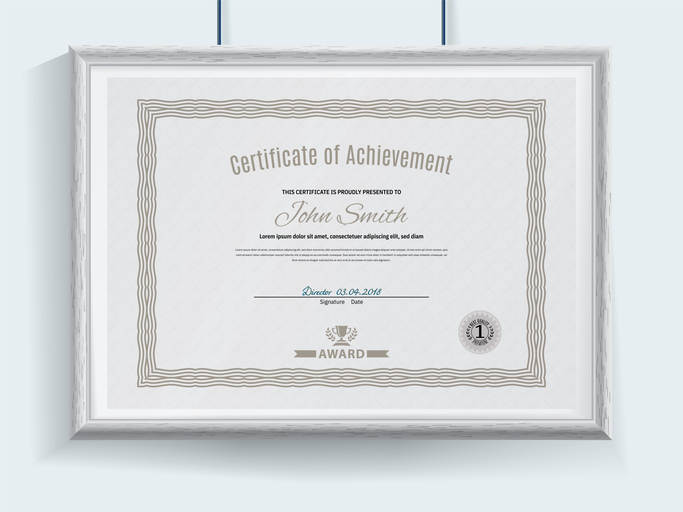 Image of an official grey vector business certificate with brown guilloche border and realistic grey border hanging on the wall . 

