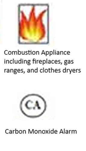 Symbol for a Combustion Appliance as a flame in a square text beneath it says Combustion Appliance including fireplaces, gas ranges, and clothes dryers. Symbol for a Carbon Monoxide Alarm which is an oval with the letters CA in the middle text below the image says Carbon Monoxide Alarm. 