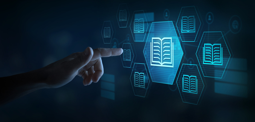 Many e-book icons with a finger pointing to them. 