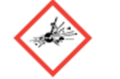 Red bordered diamond with a black and white depiction of an explosion.