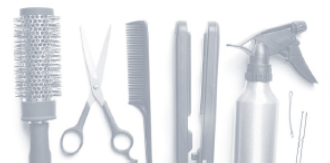 Faded greyscale photo of hair styling implements including round brush, scissors, rat-tail comb, straightening iron, spray bottle, and two bobby pins.