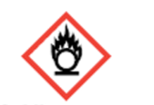 Red bordered diamond with a black and white image of a flame over a circle.