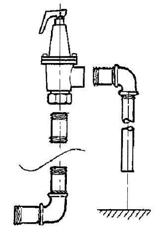 Connective piping for a boiler displaying the correct installation. The valve is shown in an upright position, the inlet pipe is below the valve and a pipe below that goes out at a bend toward the left. The discharge pipe is below the valve and goes out to the right. At the bottom of the discharge pipe there is an air gap between the pipe and the floor.