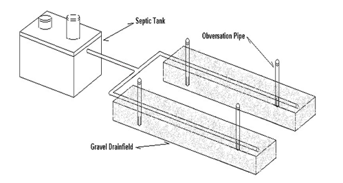 Septic Tank connected via bifurcating pipe to two rectangular devices. The objects are labeled as Gravel Drainfield and there are two pipes per Drainfield that are vertically going through them labeled observation pipe.