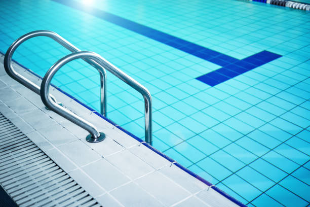 Look down at lane line of public swimming pool