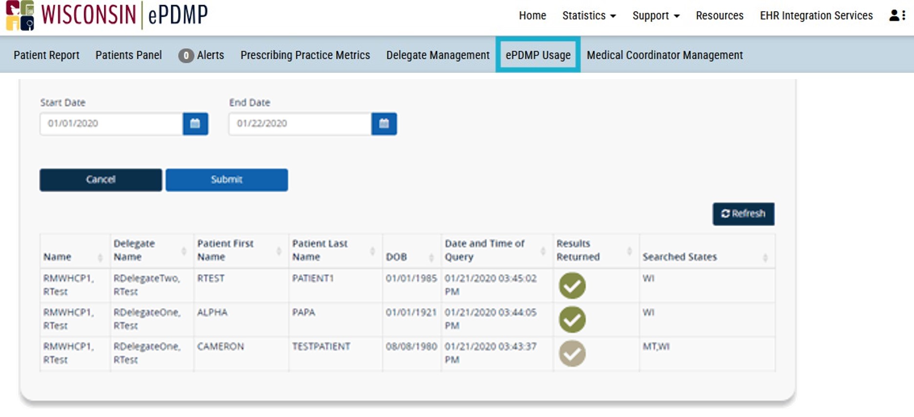 Screenshot of the Wisconsin ePDMP ePDMP Usage page