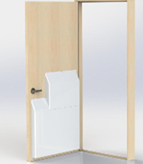 Door frame with a door opened to show inserts on the door that would occupy the empty space in the sill gap.