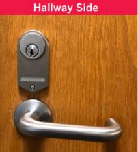 Image of a hallway side door with a interconnected lock. It has a key lock and a lever handle.