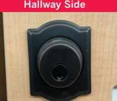 Picture of a thumb turn lock on the hallway side. Has a key lock.