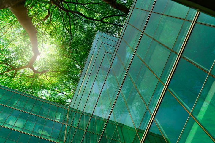 Eco-friendly building in the modern city. Shot upwards, a green glass building is shaded by trees.

